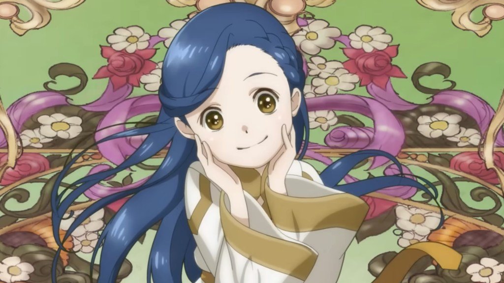 Ascendance of a Bookworm Season 4 key visual — Myne against the floral motif from the Season 4 opening sequence